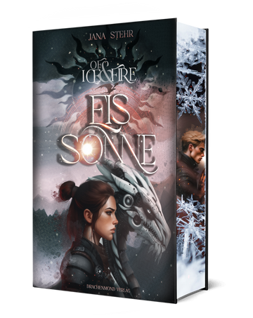 Das Cover zeigt mittig den Titel des Buches. Unterhalb des Titels ist eine junge Frau mit braunen Haaren im Seitenprofil abgebildet, hinter welcher ein Metall-Drache steht. Hinter dem Buchtitel ist eine graue Sonnenabbildung. Der Farbschnitt zeigt einen jungen Mann mit blonden Haaren im Seitenprofil. Oberhalb und unterhalb von ihm sind große Schneeflocken abgebildet.